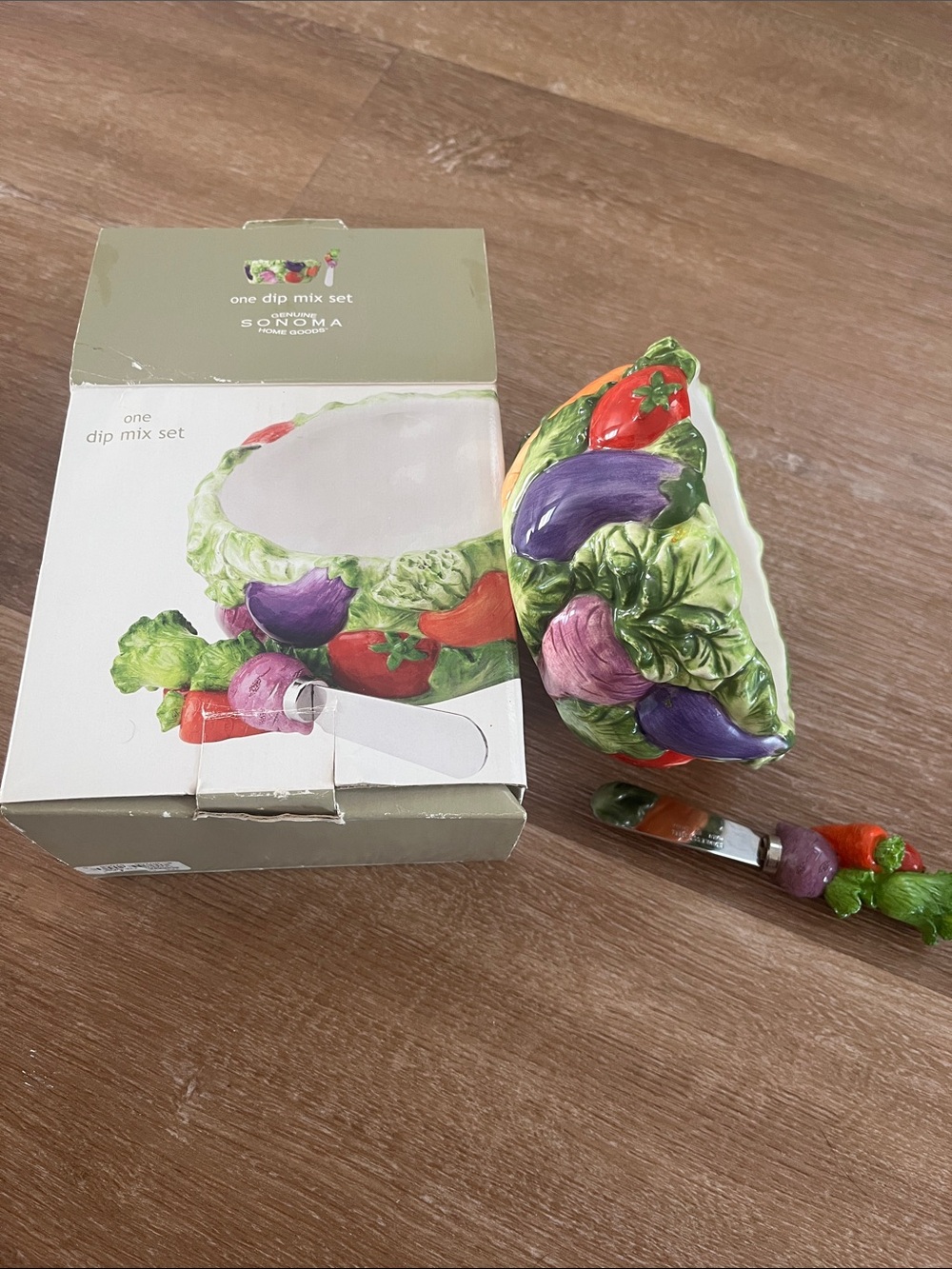 Sonoma Vegetable-Themed Ceramic Dip Bowl with Spreader — Green, Purple, Red